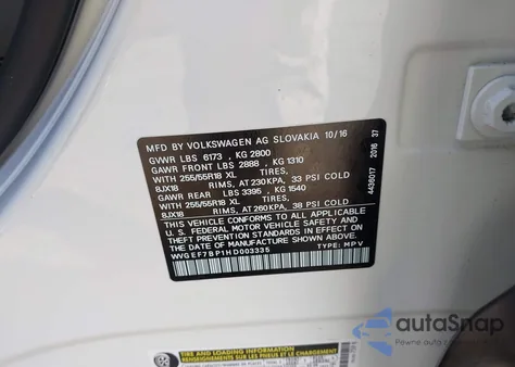 2017 Volkswagen Touareg V6 Sport z USA, uszkodzony, nr VIN WVGEF7BP1HD003335